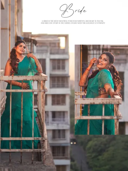 A creative collage of the bride on the balcony, capturing her joyful and relaxed demeanor during her pre-wedding shoot.