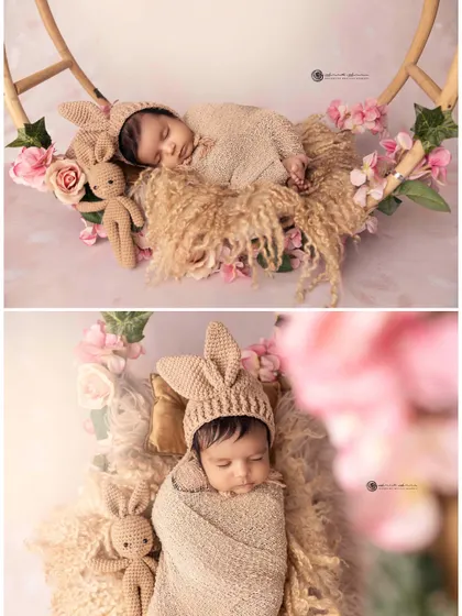 A collage of our adorable bunny theme. This shows how we use props like a floral hoop and a tiny knit bunny to create a soft, whimsical, and cohesive set of images.