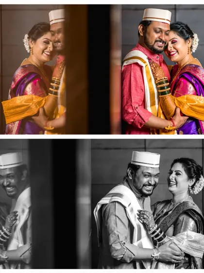 A mix of color and black and white portraits of the couple, capturing their joyful and intimate interactions.