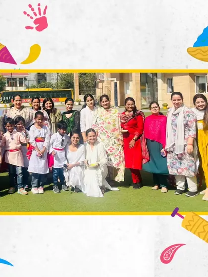 Teachers and students pose together, celebrating the spirit of Holi with warmth and camaraderie.