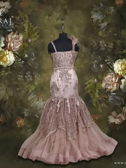 Another view of the dusty coffee brown mermaid gown, designed for the ultimate style statement.