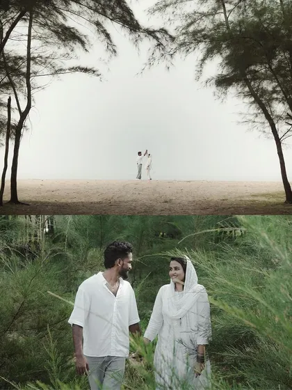 A diptych showing the couple in a serene natural landscape, first from a distance on a beach and then closer in a grove of trees, creating a beautiful narrative.