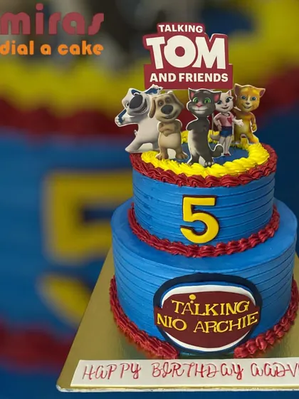 This two-tier Talking Tom and Friends cake brings the whole gang to the party. The bright blue and red design is perfect for a fun-filled fifth birthday celebration.