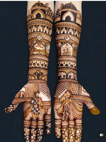 Full-length portraits of a royal couple on the palms, with intricate architectural details on the arms, creating a majestic and grand bridal design.