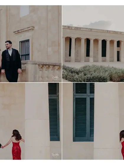 A collage of the couple walking through the historic streets of Malta, showcasing different angles and moments from their romantic stroll.