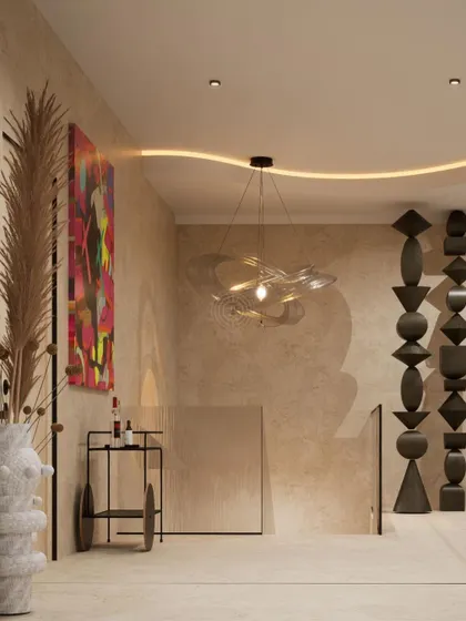 This render for the Kolkata home showcases a cozy nook with sculptural totems, vibrant art, and a unique ceiling light, demonstrating how we create artistic moments in every corner.