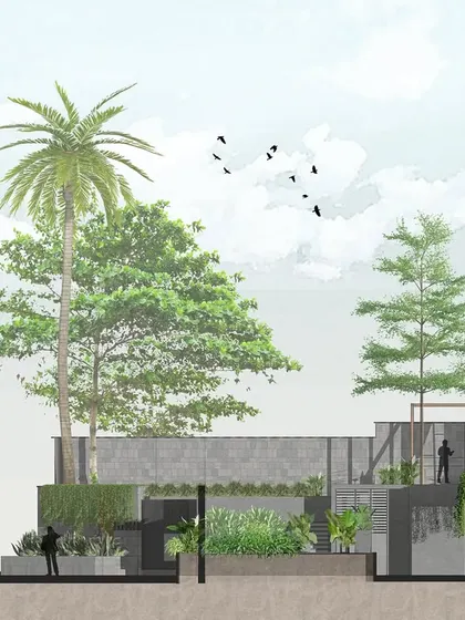 This elevation drawing of 'Kodial Cove' shows the landscape design in section. It illustrates how the terraced garden and boundary wall are designed to work with the site's contours and connect to the architecture.