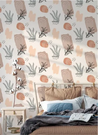 A modern take on a classic pattern, this wallpaper features abstract shapes and botanical line drawings in a soft, earthy color palette.