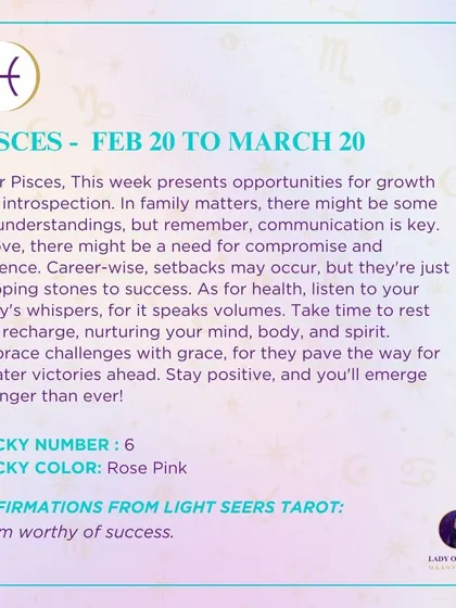 A weekly tarot forecast for Pisces. This week presents opportunities for growth and introspection. In family matters, there might be some misunderstandings, but remember, communication is key. Embrace challenges with grace.