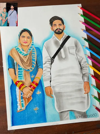 A colorful portrait capturing a couple in traditional Punjabi attire. I used a mix of colored pencils to bring out the textures of the turban and the bright blue of the suit, making it a special piece for them.