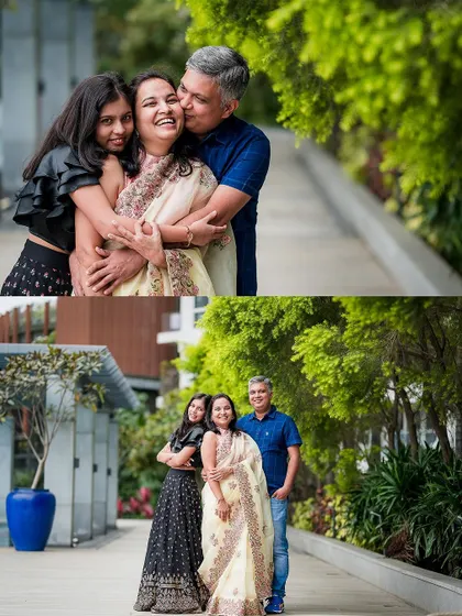 A collage of a family of three enjoying each other's company during an outdoor shoot, full of hugs and kisses.