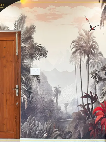 A stunning, large-scale wallpaper mural depicting a tropical landscape in a monochrome palette with a pop of red. This artistic feature wall transforms the entire room.
