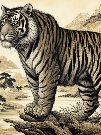 This Chinese ink painting of a tiger exemplifies a traditional art form that masterfully captures the essence of nature. This piece was part of our "Roar of Art" exhibition, celebrating tigers in global art.