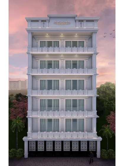 A classical elevation design for a multi-story building, featuring detailed cornices, columns, and symmetrical window placements.