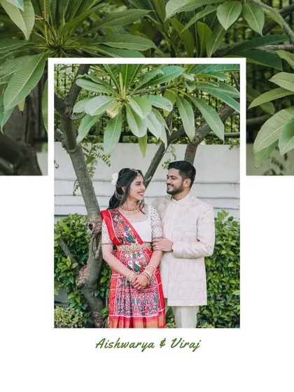 A creative composition showing the couple in a sweet embrace, framed by lush green leaves. It’s a beautiful and natural portrait of their love.