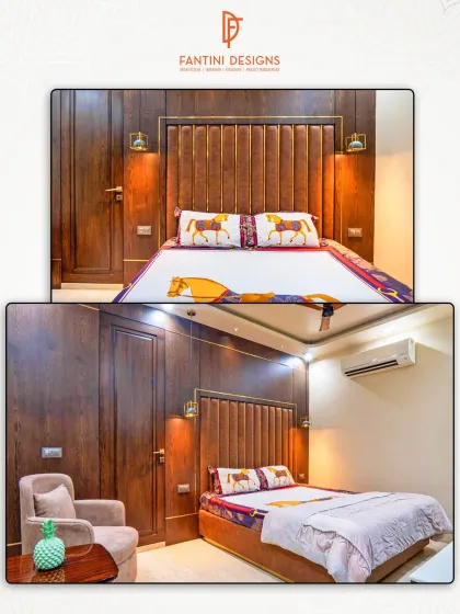 A cozy and elegant bedroom design. The room features a rich wood-paneled wall with an integrated leather headboard, creating a warm and inviting atmosphere perfect for relaxation.