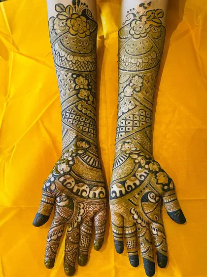 A duplicate image of the full-length bridal mehendi with elephant motifs.
