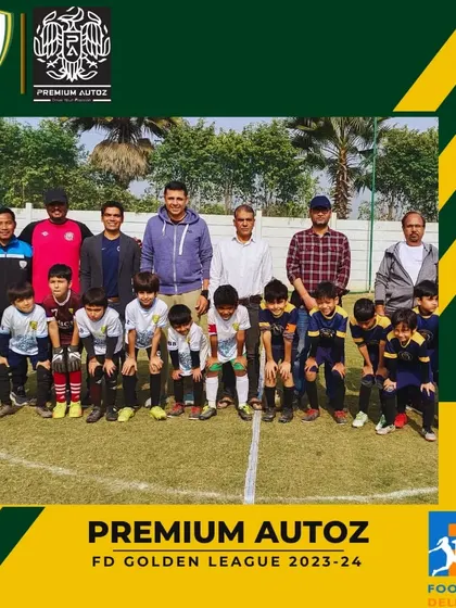 Teams line up with officials and coaches for a group photo at the Premium Autoz FD Golden League.