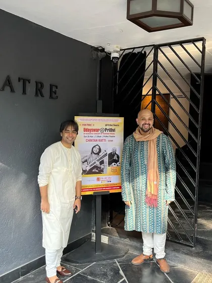 Standing with the brilliant tabla player Anubrata Chatterjee outside Prithvi Theatre before our Udayswar morning concert.
