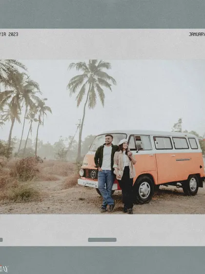 A vintage-edited photo of the couple, perfect for a calendar-style "Save the Date."