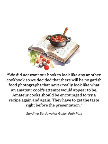 A quote from our book 'Memories on a Plate' about how we didn't want it to look like a typical cookbook with garish photos. We wanted it to feel real and encourage amateur cooks.