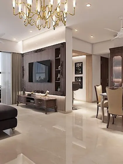 This angle of the vintage-inspired home shows the open layout connecting the living room, dining area, and balcony. The design maintains a classic feel while being perfectly suited for a modern lifestyle.