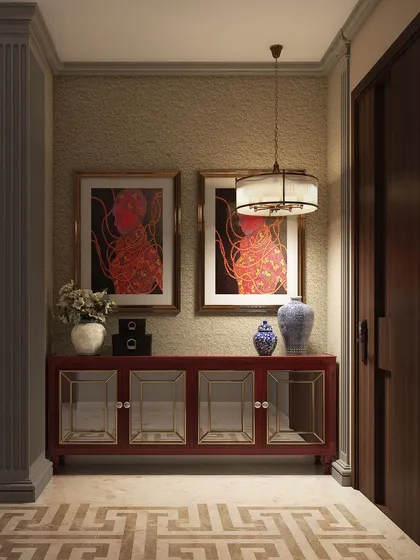 A design concept for a luxurious entryway in the Gulshan Dynasty project. The scene is set with a rich red console table with glass doors, statement art, and intricate floor tiling.
