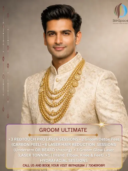 For the groom who wants the ultimate transformation, our 'Groom Ultimate' package delivers. It includes advanced laser rejuvenation with RedTouch PRO, detox peels, and laser toning for a polished and flawless look from every angle.