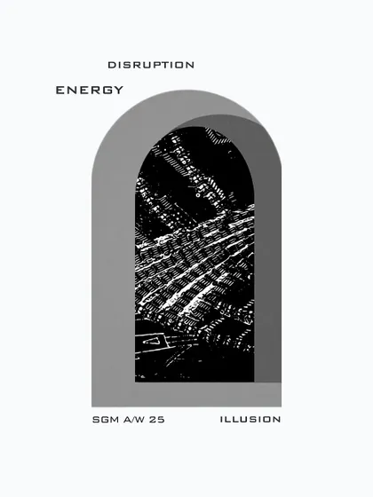 Disruption, Energy, Illusion. These are the pillars of "The Gates" collection. This graphic frames an abstract texture within an archway, symbolizing a threshold into a new way of seeing menswear.