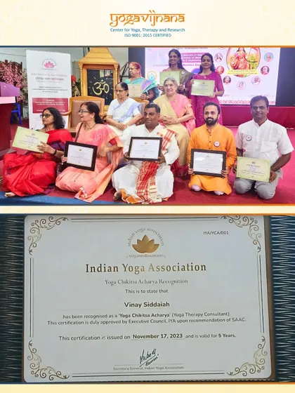 I am proud to be recognized as a Yoga Chikitsa Acharya (Yoga Therapy Consultant) by the Indian Yoga Association. This certification reflects my commitment to the therapeutic applications of yoga, a key component of our advanced teachings.