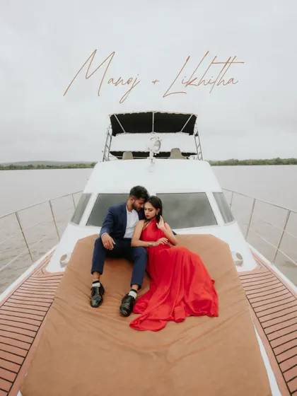 A touch of glamour for a destination shoot in Goa. Posing on a yacht, this shot is all about capturing the couple's confident style against the expansive water, creating a feeling of luxury and adventure.