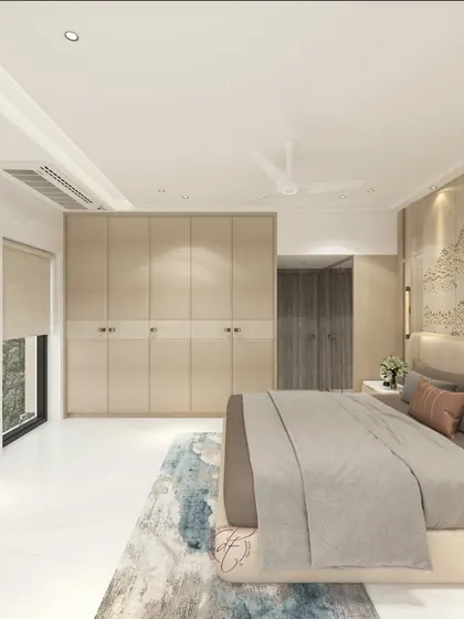 Another angle of the mountain-themed bedroom, showing the sleek, handle-less wardrobes and the spacious layout.