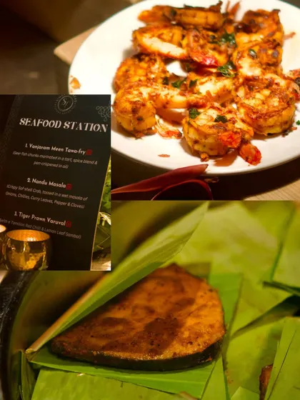 A collage of the seafood station from our Chettinad Diwali event, featuring dishes like Vanjaram Meen Tawa-fry and Tiger Prawn Varuval.