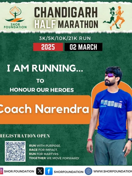 A promotional poster for the Chandigarh Half Marathon, where I encourage runners to join and honor our heroes. I help create strong event concepts that attract participants.