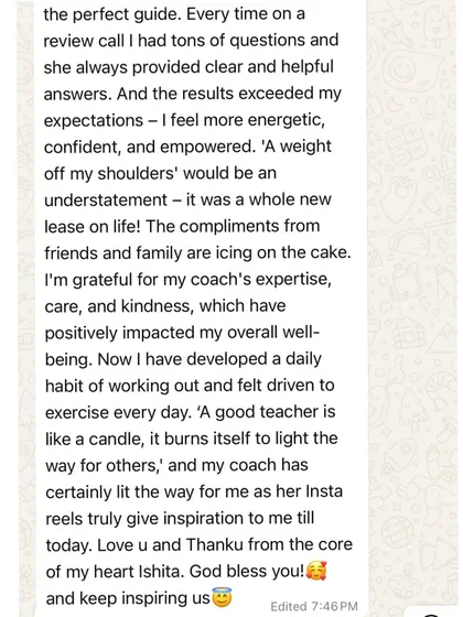 Shweta's dedication was next level. She showed up even on festival days. Her testimonial about feeling more energetic and confident is why I do what I do.