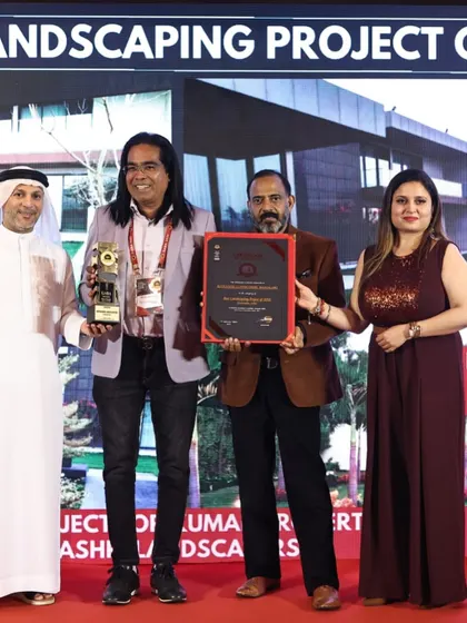 A closer look at the certificate and trophy from the Global Architect & Builder Awards in Dubai. These awards validate our hard work and dedication to excellence in landscaping.