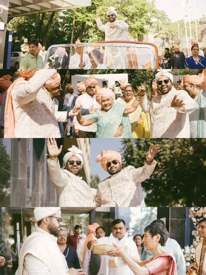 A collage capturing the energy and excitement of the Baraat. From dancing on a vintage car to the traditional welcome, these shots are full of life.