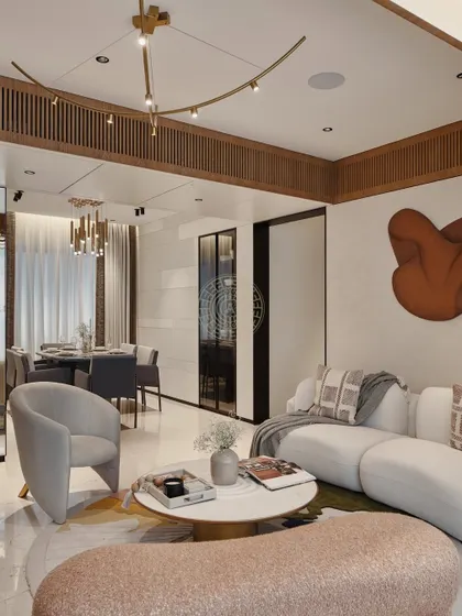 An integrated living and dining space that feels both open and defined. The custom laser-cut curtain pelmet, which also hides the AC vent, runs along the ceiling, tying the two areas together with soft, indirect lighting.