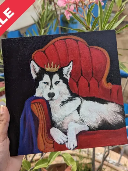 A majestic husky sitting on a throne. This 8x8 inch painting gives a royal treatment to a beautiful dog.