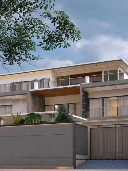 A wide-angle render of 'Zen Oasis', showing the full breadth of the contemporary design and its relationship with the mature trees that frame the property.