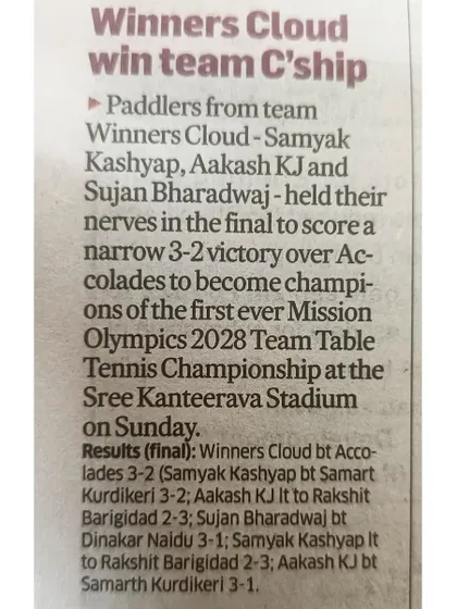 "Winners Cloud win team C'ship." A newspaper report on our team's victory at the first-ever Mission Olympics 2028 Team Table Tennis Championship.
