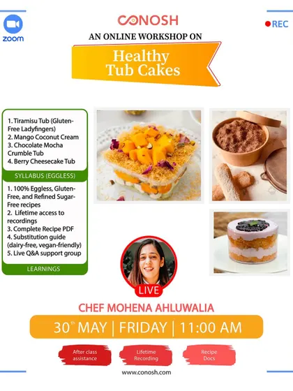 My healthy tub cakes workshop features 100% eggless, gluten-free, and refined sugar-free recipes. I provide a complete substitution guide to make these treats dairy-free and vegan-friendly as well.