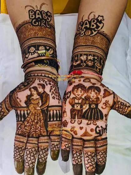 Whether you're expecting a boy or a girl, we can customize the design for you. This fun mehandi includes "Baby Boy" and "Baby Girl" themes, along with portraits of the couple and their children.
