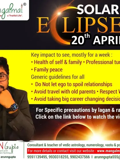A graphic outlining the key impacts of the solar eclipse on April 20th. I provide generic guidelines for all, such as avoiding ego clashes, respecting women, and not making big career decisions during this period.