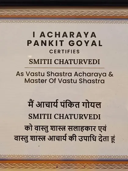 I am certified as a Vastu Shastra Acharya and Master of Vastu Shastra by my respected guru, Acharya Pankit Goyal. My practice is built on a foundation of deep study, respect for this ancient science, and a genuine desire to help others.