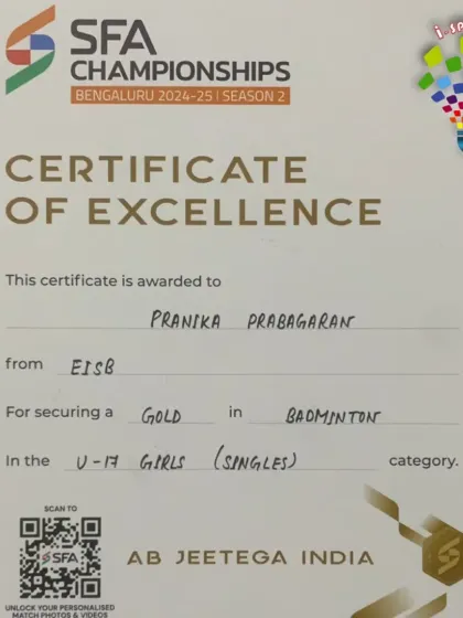 The official certificate for Pranika Prabagaran, who secured Gold in the U17 Girls Singles category at the SFA Championships.
