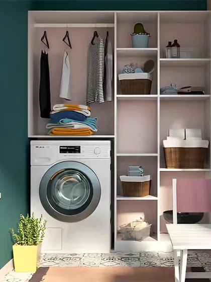 A compact balcony transformed into a bright and cheerful laundry room. The open shelving provides easy access to supplies, and a small folding table offers a surface for sorting clothes.