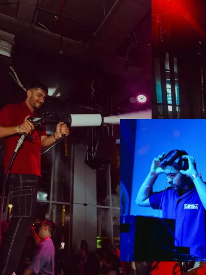 A collage showing two key moments from my shows: hyping the crowd with a CO2 gun at a festival and being completely focused on the mix in the DJ booth.