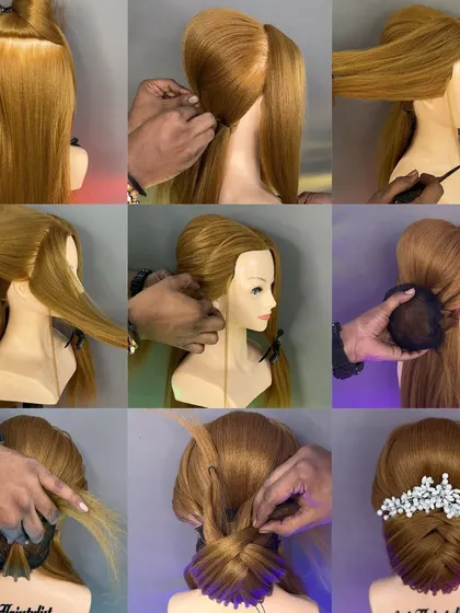 A step-by-step image guide for creating an intricate braided bun.