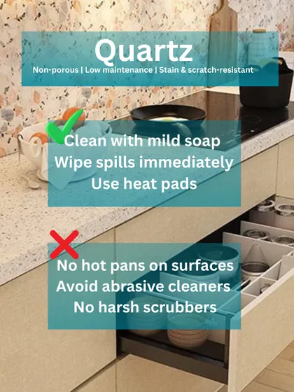 A cheat sheet for maintaining your Quartz countertop. It's non-porous and low-maintenance, but remember to wipe spills immediately and always use heat pads.